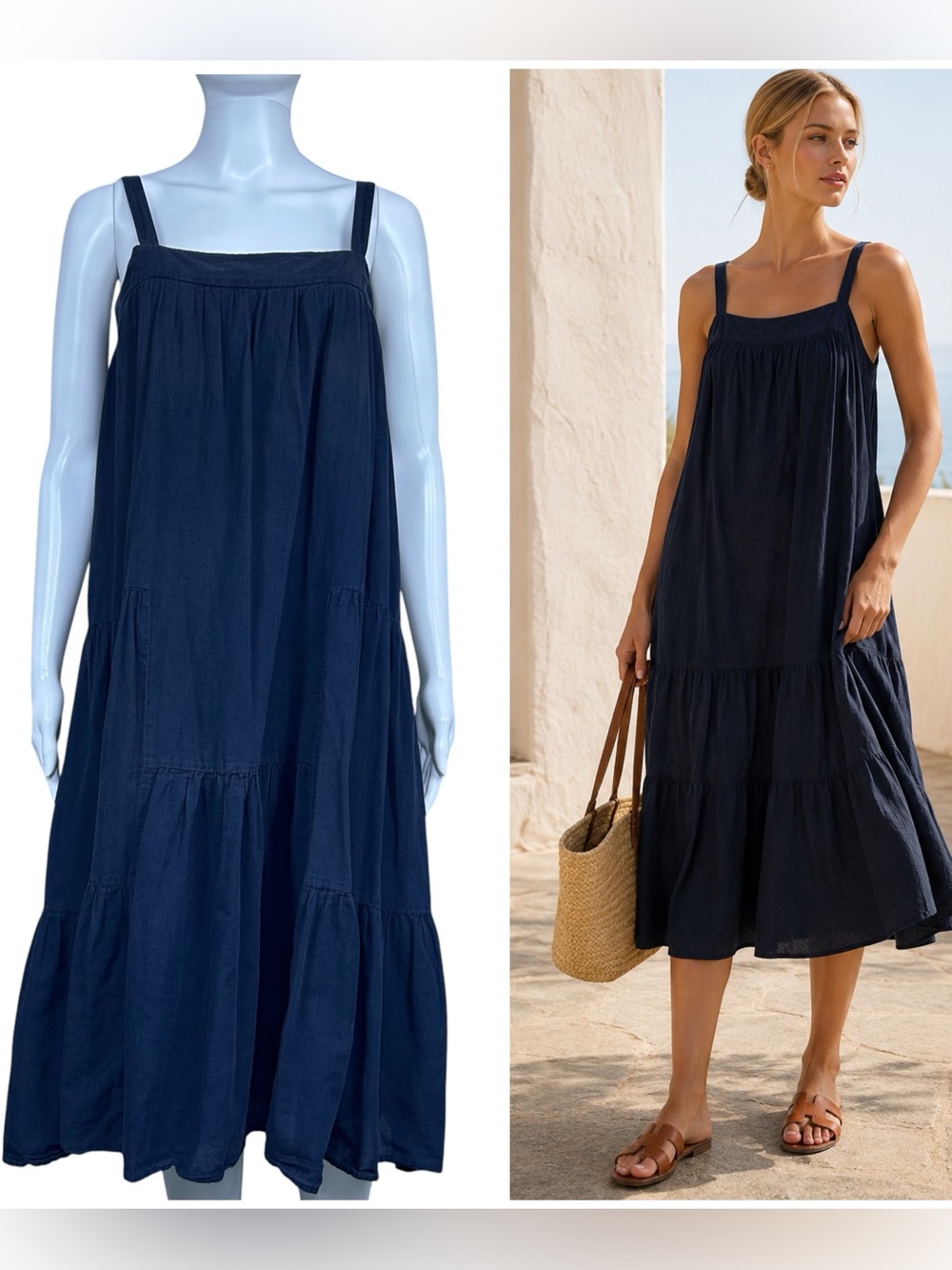 Jenni Kayne Seersucker Sleeveless Tiered Midi Dress Size XS Linen Cotton Blend